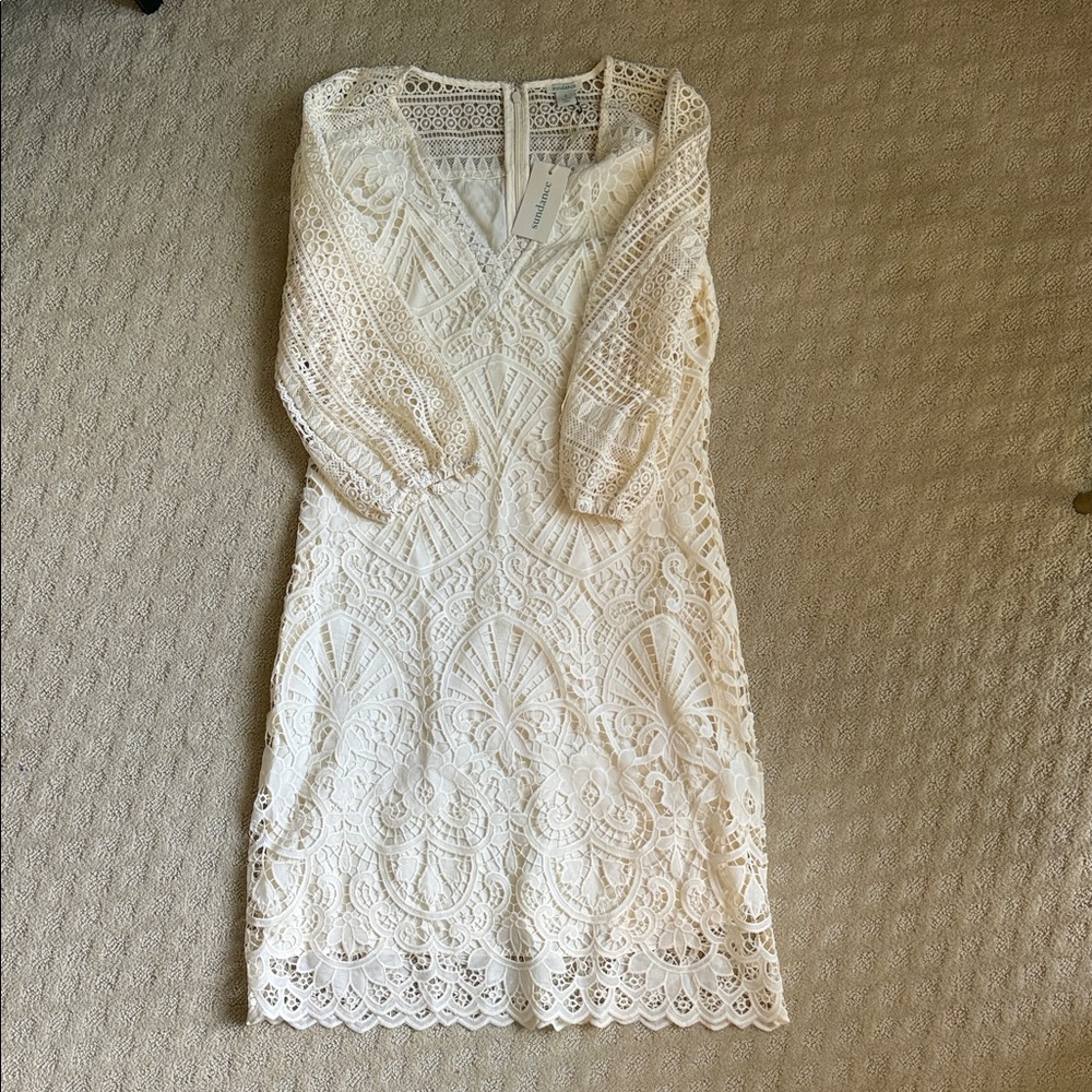 Sundance Cream Lace V-Neck Long Sleeve Dress